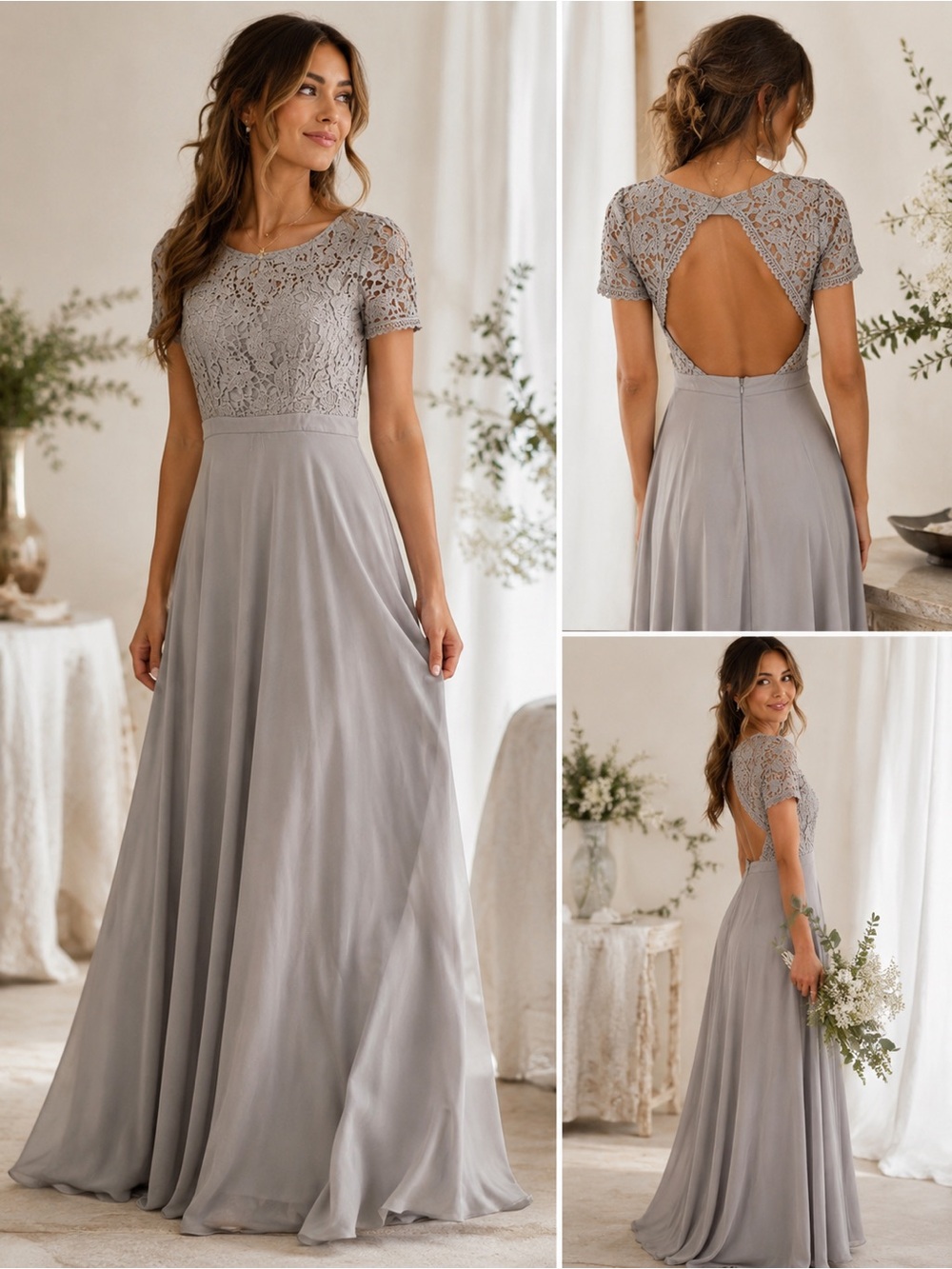 Romantic Cottagecore Lace Open Back Maxi Dress Gray NWT Small